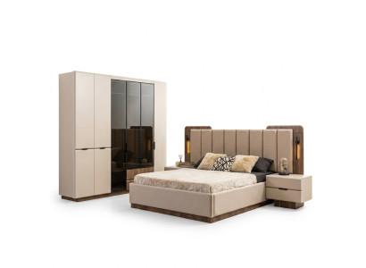 Suite de luxe avec lit double Chambre Tables de chevet 4 pièces Armoire beige