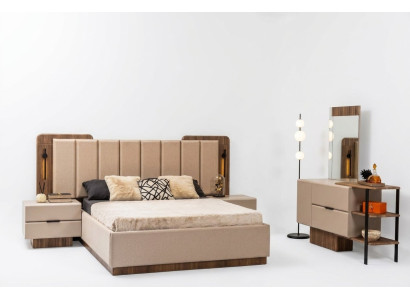 Chambre Suite Lit double Tables de chevet Tissu beige Ensemble de maquillage 4 pièces