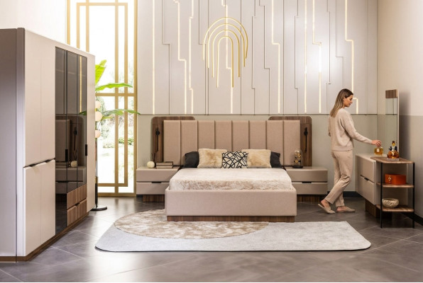 Lit double Suite Tables de chevet en tissu beige pour commode à maquillage 5 pièces Armoire Lit