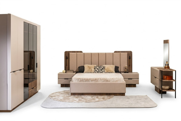 Lit double Suite Tables de chevet en tissu beige pour commode à maquillage 5 pièces Armoire Lit