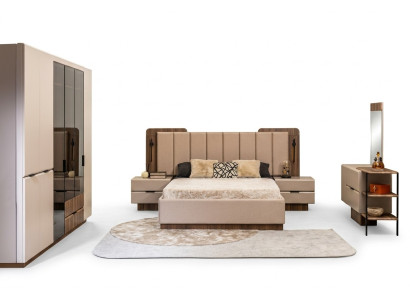 Lit double Suite Tables de chevet en tissu beige pour commode à maquillage 5 pièces Armoire Lit