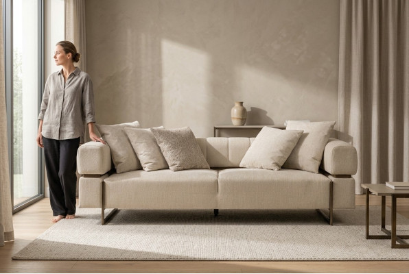 Canapé en tissu de designer beige à trois places Mobilier rembourré Luxueux canapé trois places