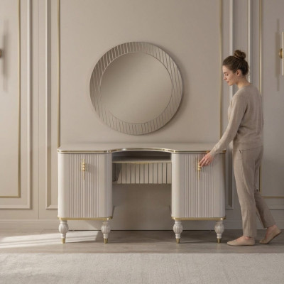 Table de toilette beige, table de toilette design, table de cosmétiques, miroir de console