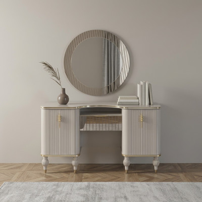 Table de toilette beige, table de toilette design, table de cosmétiques, miroir de console