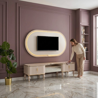 Ensemble moderne de meuble mural beige, armoire TV design basse et panneau mural en 2 parties.
