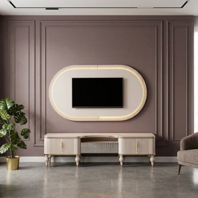 Ensemble moderne de meuble mural beige, armoire TV design basse et panneau mural en 2 parties.