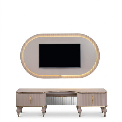 Ensemble moderne de meuble mural beige, armoire TV design basse et panneau mural en 2 parties.