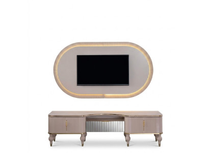 Ensemble moderne de meuble mural beige, armoire TV design basse et panneau mural en 2 parties.