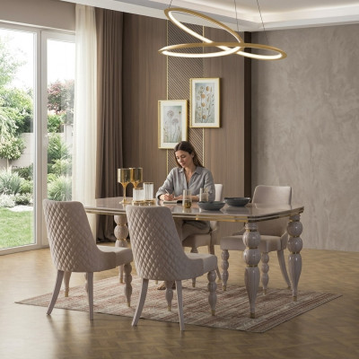 Ensemble de salle à manger beige foncé Ensemble de table à manger en bois de designer x6 chaises Ensemble de luxe 7 pièces