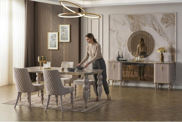 Ensemble de salle à manger beige Mobilier de salle à manger design Table à manger Chaises Buffet 9 pièces