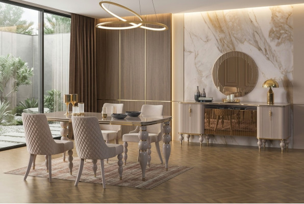 Ensemble de salle à manger beige Mobilier de salle à manger design Table à manger Chaises Buffet 9 pièces