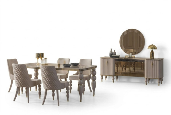 Ensemble de salle à manger beige Mobilier de salle à manger design Table à manger Chaises Buffet 9 pièces