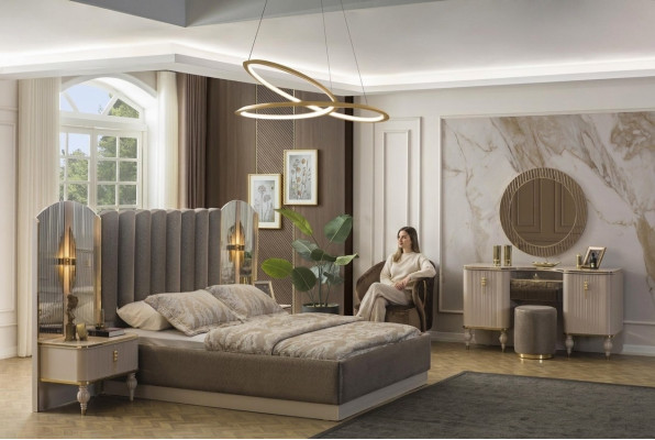 Suite de chambre grise Lit double Coiffeuse Console Tables de chevet