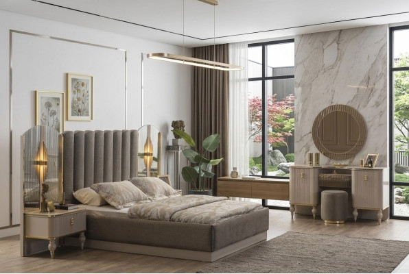 Suite de chambre grise Lit double Coiffeuse Console Tables de chevet