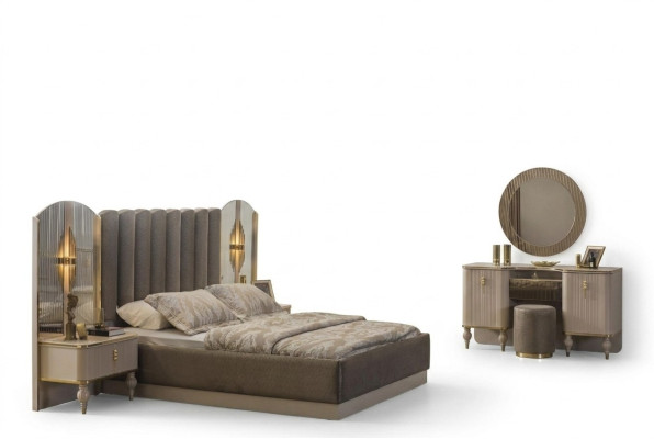 Suite de chambre grise Lit double Coiffeuse Console Tables de chevet