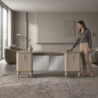 Buffet latéral beige moderne, luxueux buffet en bois pour le salon, nouveau cabinet.