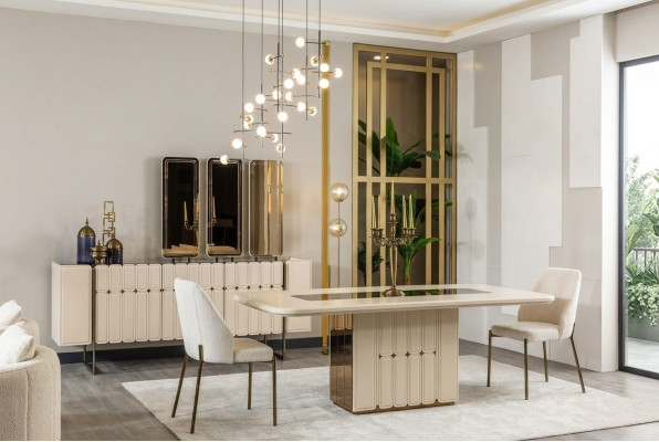 Groupe de salle à manger blanc noble designer table en acier inoxydable Luxueux x6 chaises