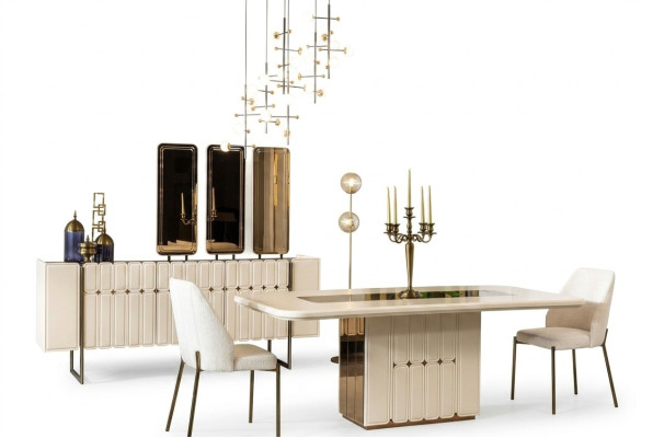 Groupe de salle à manger blanc noble designer table en acier inoxydable Luxueux x6 chaises