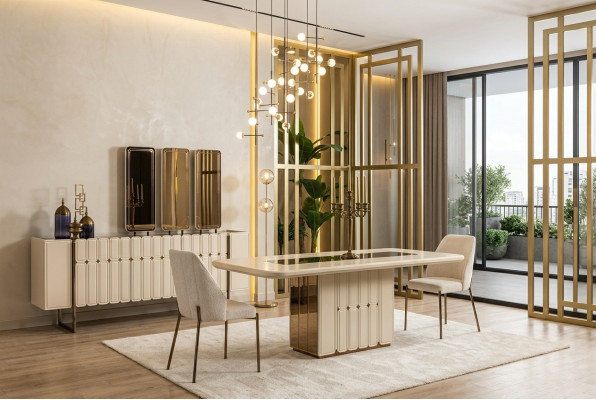 Salle à manger blanche moderne Ensemble de salle à manger Table de salle à manger Buffet Chaises x3 Miroir 9 pièces