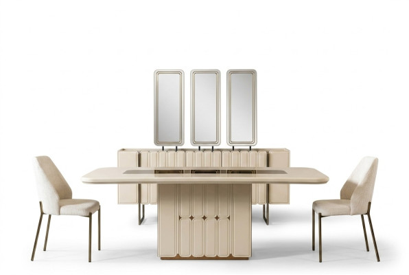 Salle à manger blanche moderne Ensemble de salle à manger Table de salle à manger Buffet Chaises x3 Miroir 9 pièces