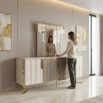 Buffet de luxe avec miroir Buffet Commode Armoire en bois Blanc Design