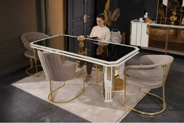 Suite de salle à manger de luxe Ensemble de salle à manger Coin repas Table à manger Chaises Beige 7 pièces
