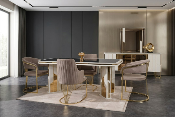 Suite de salle à manger de luxe Ensemble de salle à manger Coin repas Table à manger Chaises Beige 7 pièces