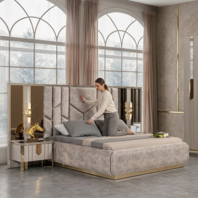 Chambre Lit double Suite Lit Tables de chevet 3 pièces Beige Luxe