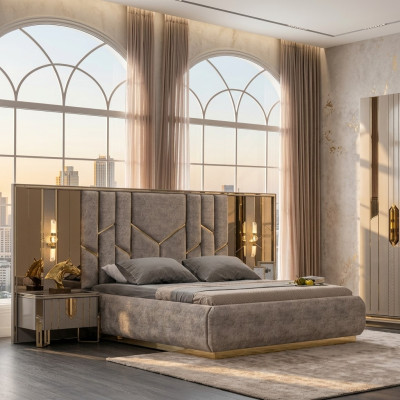 Chambre Lit double Suite Lit Tables de chevet 3 pièces Beige Luxe