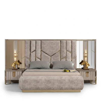 Chambre Lit double Suite Lit Tables de chevet 3 pièces Beige Luxe