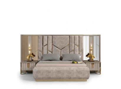 Chambre Lit double Suite Lit Tables de chevet 3 pièces Beige Luxe