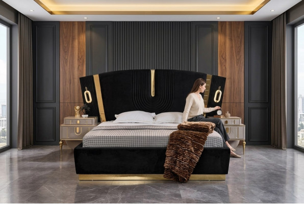 Chambre Lit double Suite Lit Tables de chevet 3 pièces Luxe Noir