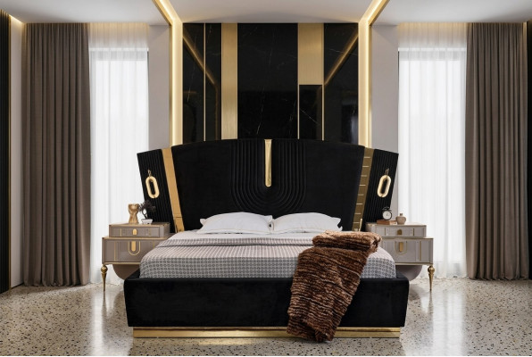 Chambre Lit double Suite Lit Tables de chevet 3 pièces Luxe Noir