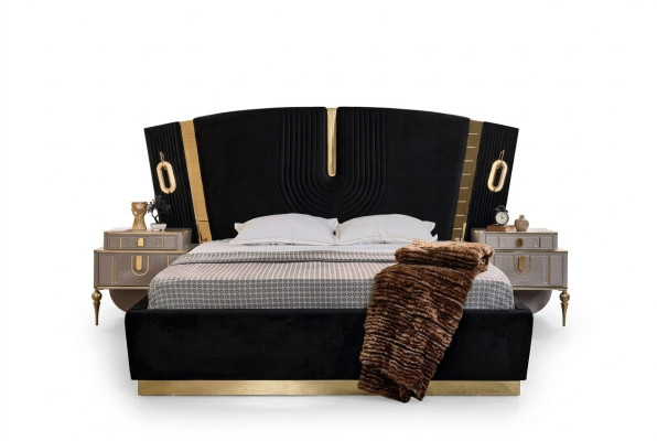 Chambre Lit double Suite Lit Tables de chevet 3 pièces Luxe Noir