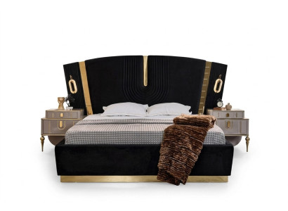Chambre Lit double Suite Lit Tables de chevet 3 pièces Luxe Noir