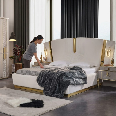 Chambre Lit double Suite Lit Tables de chevet Blanc Luxe 3 pièces