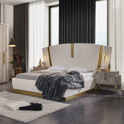 Chambre Lit double Suite Lit Tables de chevet Blanc Luxe 3 pièces