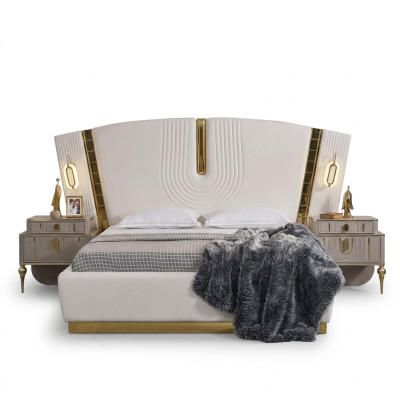 Chambre Lit double Suite Lit Tables de chevet Blanc Luxe 3 pièces
