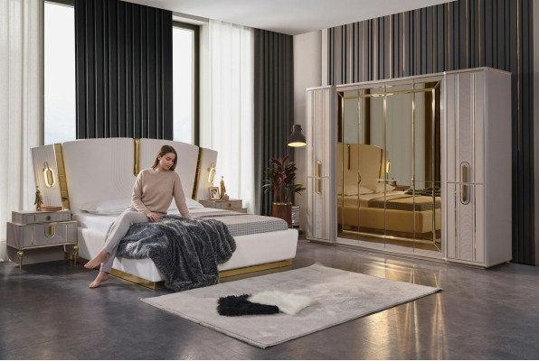Lit double Suite Chambre Lit Tables de chevet 4 pièces Beige Armoire