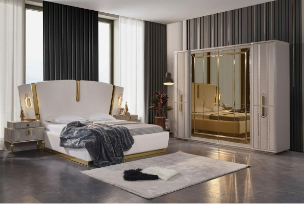 Lit double Suite Chambre Lit Tables de chevet 4 pièces Beige Armoire