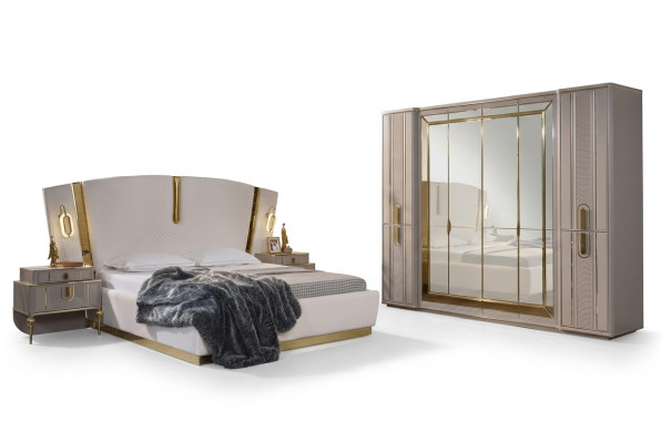 Lit double Suite Chambre Lit Tables de chevet 4 pièces Beige Armoire