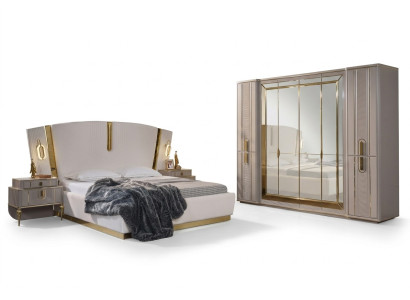 Lit double Suite Chambre Lit Tables de chevet 4 pièces Beige Armoire