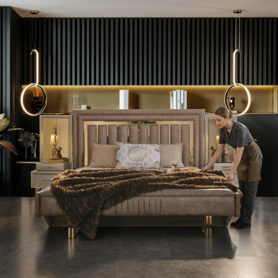 Complet e mobilier de chambre Lit double Lit Tables de chevet Beige 3 pièces