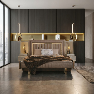 Complet e mobilier de chambre Lit double Lit Tables de chevet Beige 3 pièces