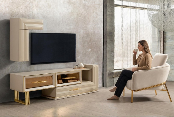 Élément mural Armoire TV Buffet bas Bahut Meuble TV Armoire murale Beige Moderne