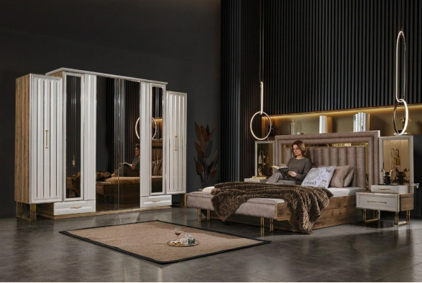 Meubles de chambre complète Lit double Lit Tables de chevet Beige 4 pièces