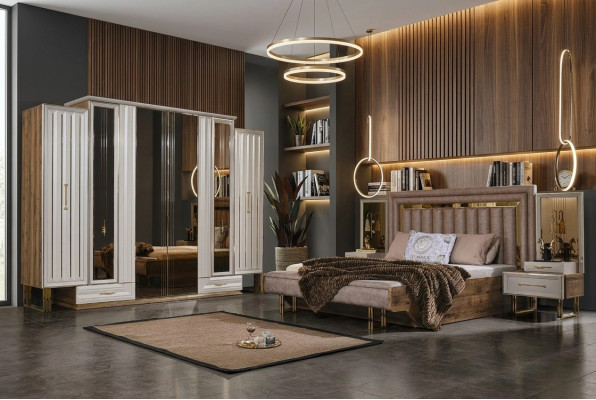 Meubles de chambre complète Lit double Lit Tables de chevet Beige 4 pièces