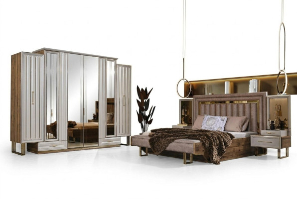 Meubles de chambre complète Lit double Lit Tables de chevet Beige 4 pièces