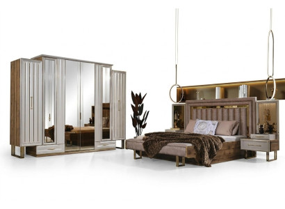 Meubles de chambre complète Lit double Lit Tables de chevet Beige 4 pièces