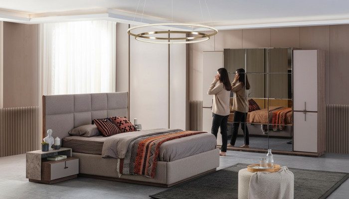 Chambre complète Lit double Table de chevet Gris Armoire 4 pièces